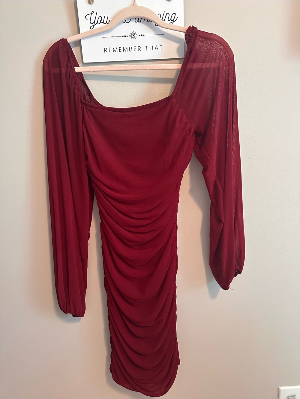 Elegant Burgundy Ruched Long-Sleeve Dress